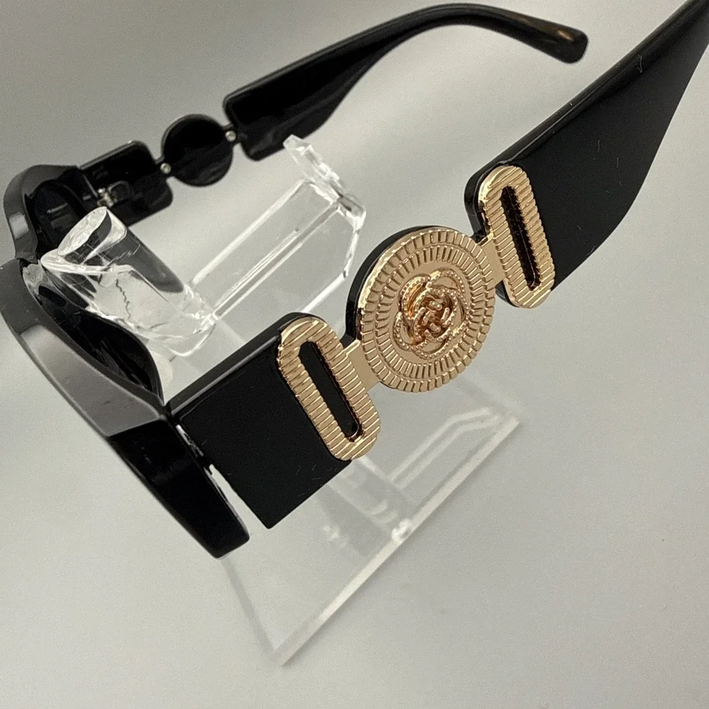Rectangular Geometric Thick Black Sunglasses Gold Detail Tinted Lenses Trending